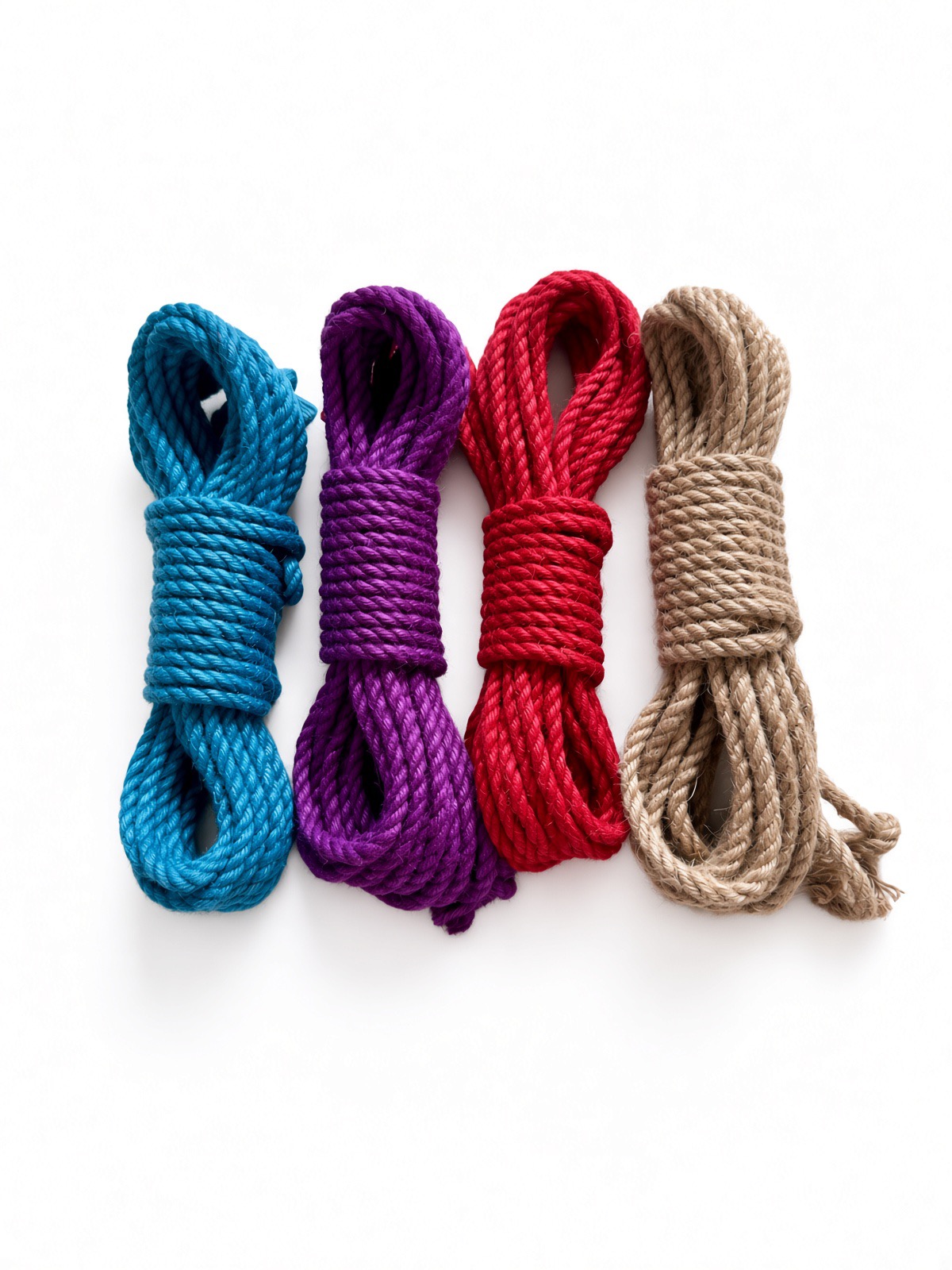 Vier handveredelte Jute-Shibari-Seile in Türkis, Lila, Rot und Natur